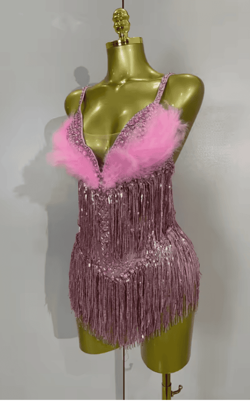 Sharmaine Sparkly Rhinestone Pink Feather Tassel Sheer Mesh Bodysuit