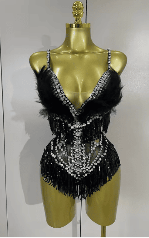 Sharmaine Sparkly Rhinestone Pink Feather Tassel Sheer Mesh Bodysuit