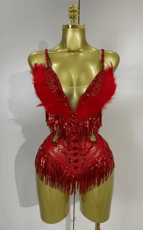 Sharmaine Sparkly Rhinestone Pink Feather Tassel Sheer Mesh Bodysuit