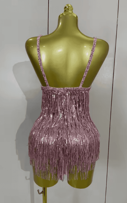 Sharmaine Sparkly Rhinestone Pink Feather Tassel Sheer Mesh Bodysuit