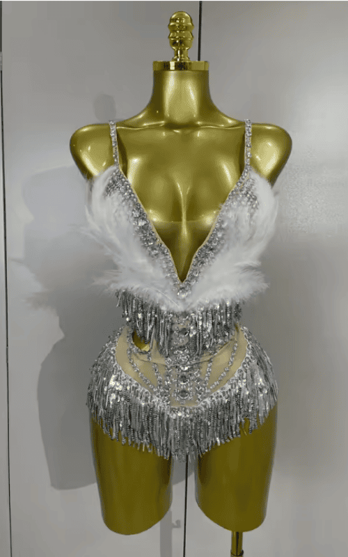 Sharmaine Sparkly Rhinestone Pink Feather Tassel Sheer Mesh Bodysuit