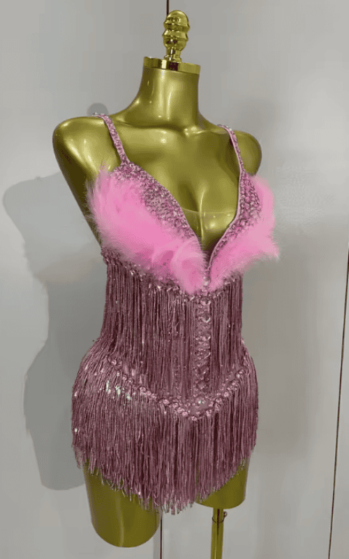 Sharmaine Sparkly Rhinestone Pink Feather Tassel Sheer Mesh Bodysuit