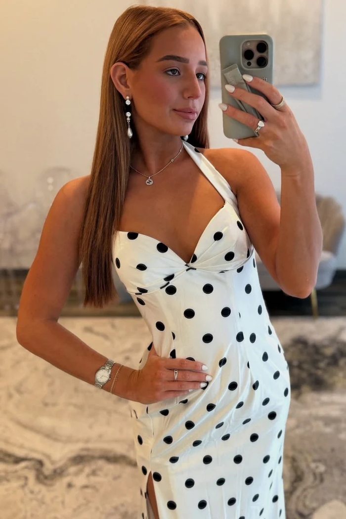 Sheath Sweetheart Satin Long Prom Dresses Black Dots Halter Neck Evening Gowns with Split