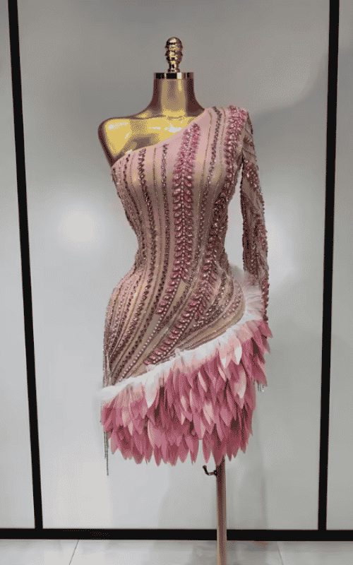 Sheena Shining Rhinestone Tassel One Shoulder Sheer Mesh Pink Mini Dress