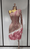 Sheena Shining Rhinestone Tassel One Shoulder Sheer Mesh Pink Mini Dress