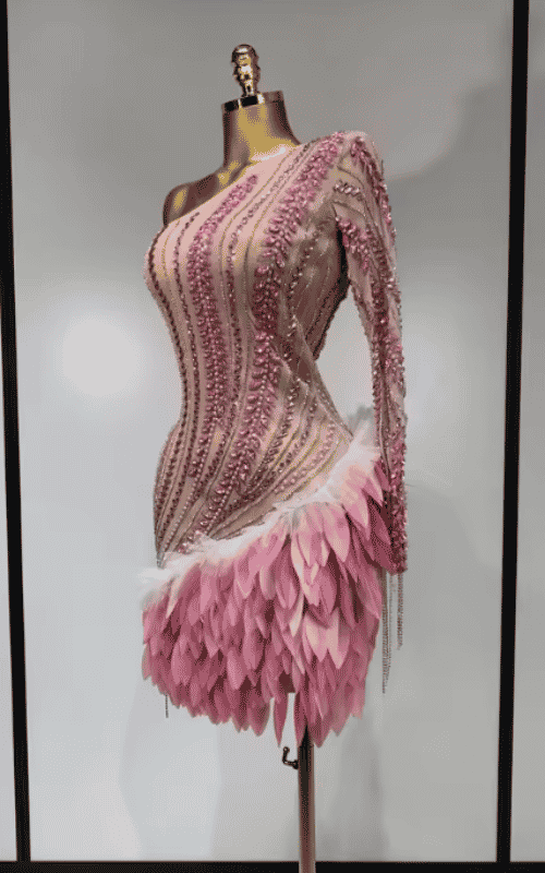 Sheena Shining Rhinestone Tassel One Shoulder Sheer Mesh Pink Mini Dress