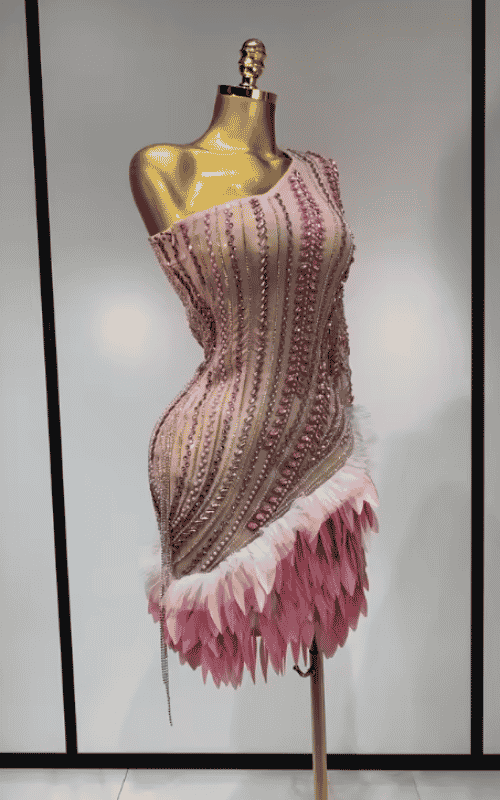Sheena Shining Rhinestone Tassel One Shoulder Sheer Mesh Pink Mini Dress