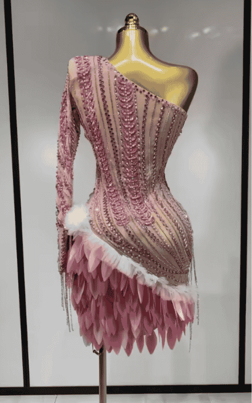Sheena Shining Rhinestone Tassel One Shoulder Sheer Mesh Pink Mini Dress