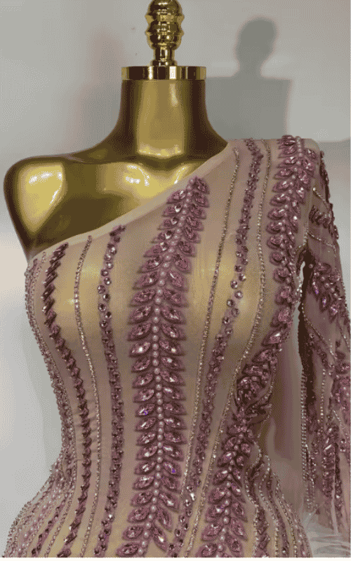 Sheena Shining Rhinestone Tassel One Shoulder Sheer Mesh Pink Mini Dress