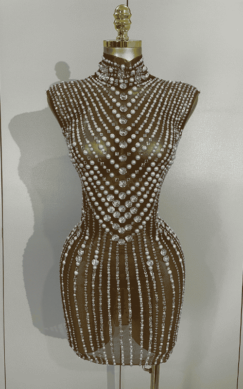 Sheila Luxury Diamond Pearl Mesh See Through Mini Dress