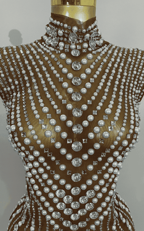 Sheila Luxury Diamond Pearl Mesh See Through Mini Dress