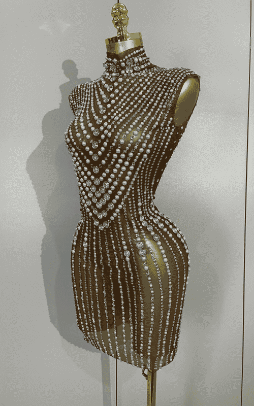 Sheila Luxury Diamond Pearl Mesh See Through Mini Dress