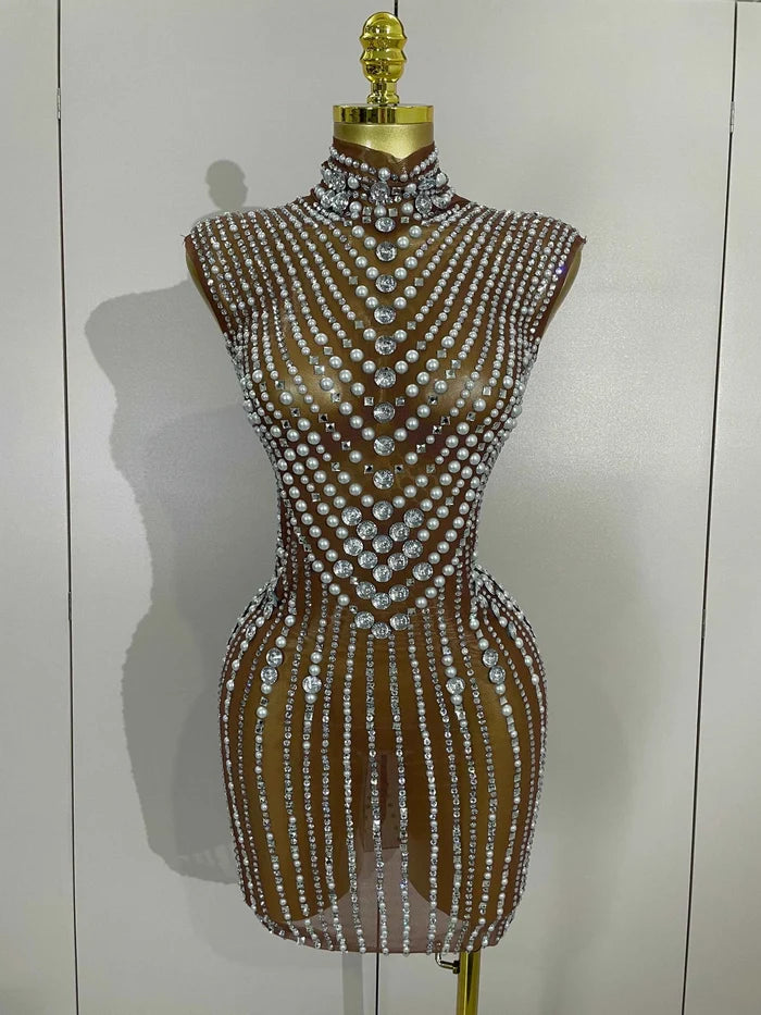 Sheila Luxury Diamond Pearl Mesh See Through Mini Dress