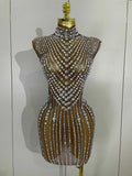 Sheila Luxury Diamond Pearl Mesh See Through Mini Dress