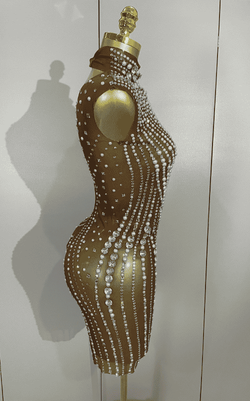 Sheila Luxury Diamond Pearl Mesh See Through Mini Dress