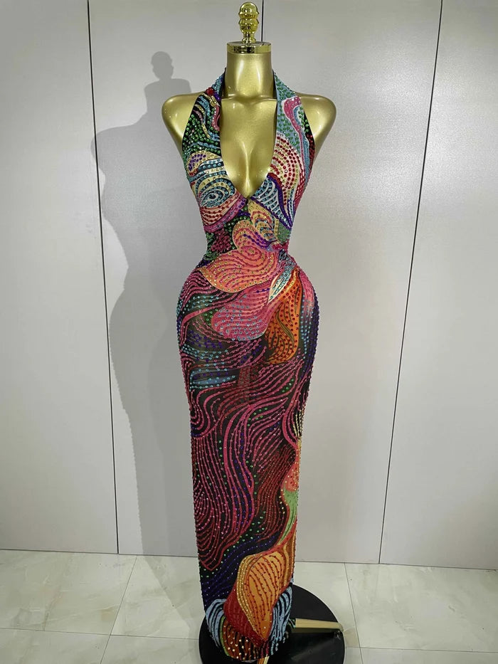 Sexy Colorful Rhinestone Print Long Dress Woman Halter Deep V Neck Backless 2026 Women Birthday Eveing Party Club Stage Costume