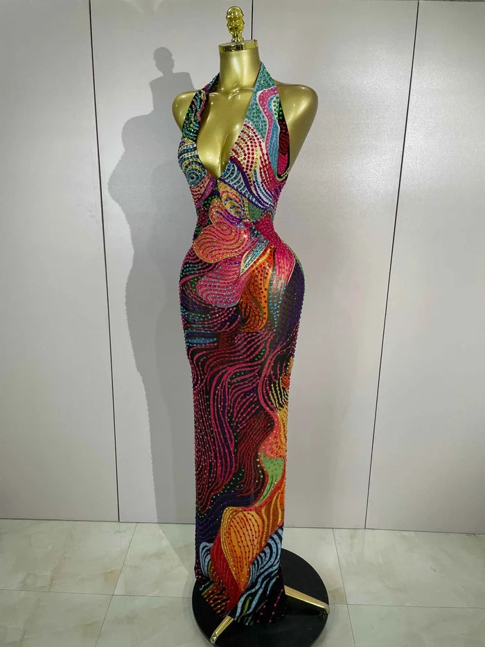 Sexy Colorful Rhinestone Print Long Dress Woman Halter Deep V Neck Backless 2026 Women Birthday Eveing Party Club Stage Costume
