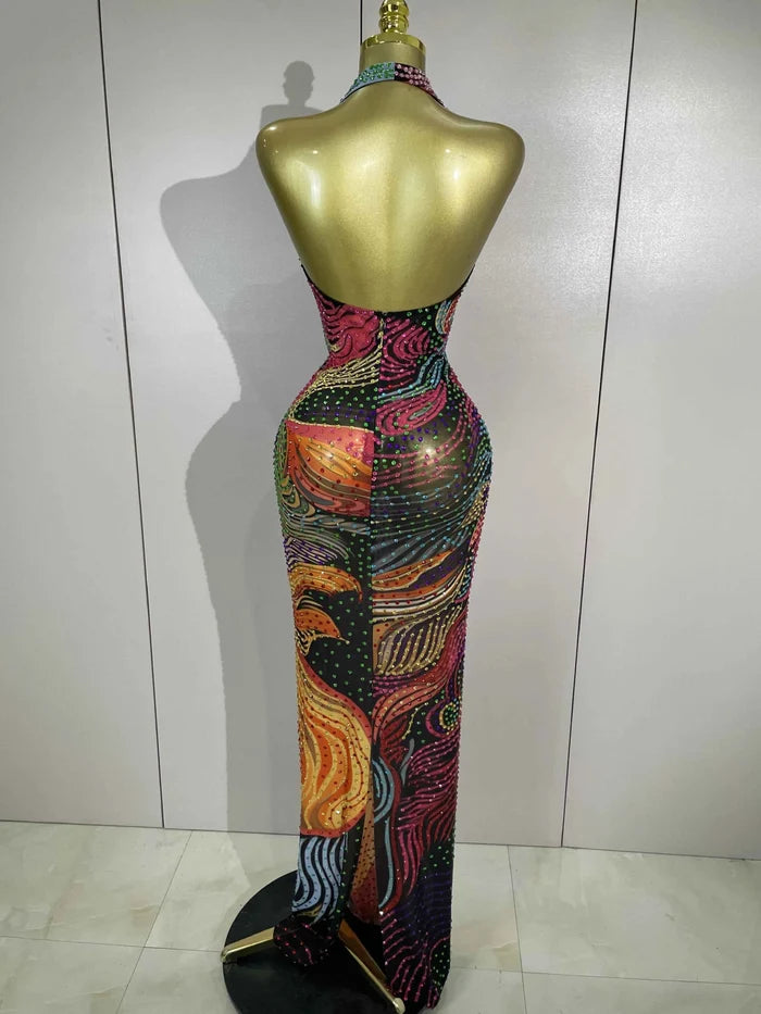 Sexy Colorful Rhinestone Print Long Dress Woman Halter Deep V Neck Backless 2026 Women Birthday Eveing Party Club Stage Costume