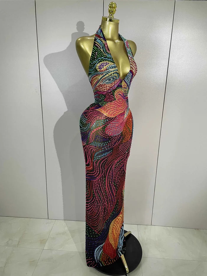 Sexy Colorful Rhinestone Print Long Dress Woman Halter Deep V Neck Backless 2026 Women Birthday Eveing Party Club Stage Costume