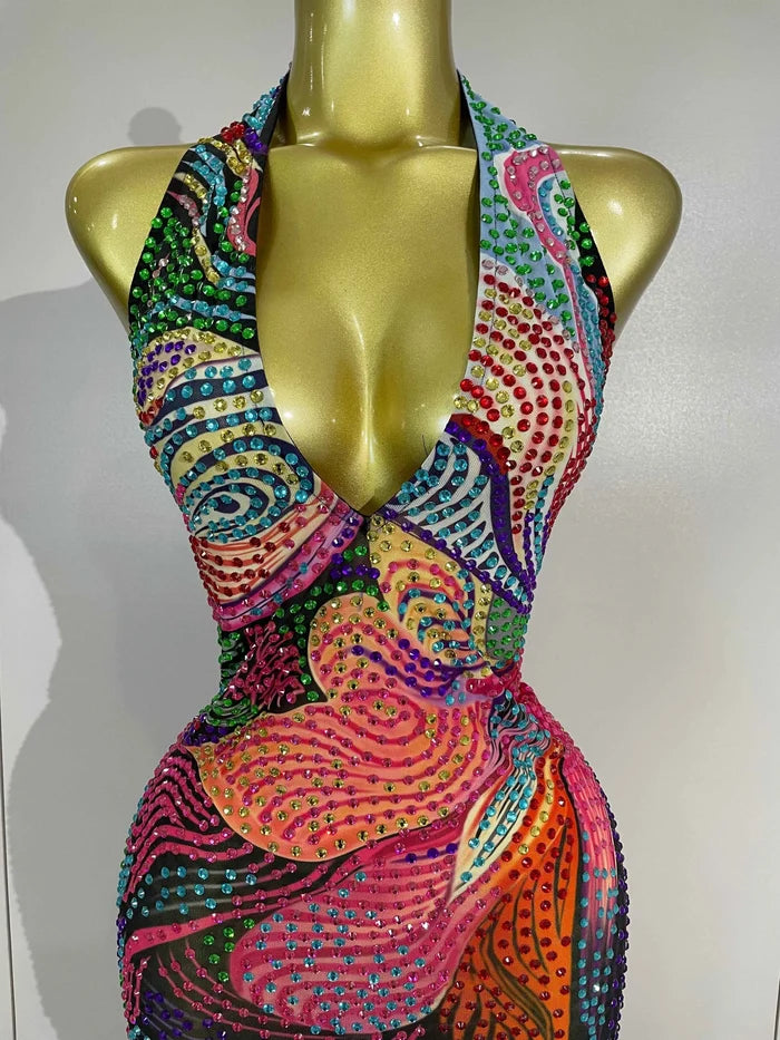 Sexy Colorful Rhinestone Print Long Dress Woman Halter Deep V Neck Backless 2026 Women Birthday Eveing Party Club Stage Costume