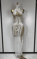 Sherie White Pearl Sequin Sheer Mesh Bodycon Long Dress