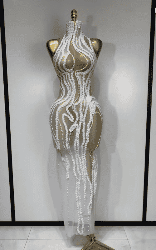 Sherie White Pearl Sequin Sheer Mesh Bodycon Long Dress