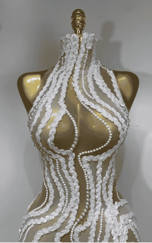 Sherie White Pearl Sequin Sheer Mesh Bodycon Long Dress