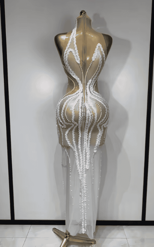 Sherie White Pearl Sequin Sheer Mesh Bodycon Long Dress