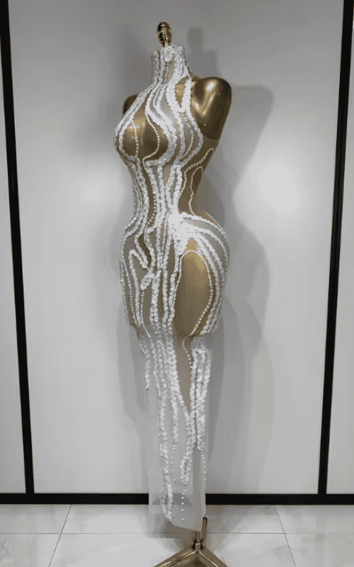 Sherie White Pearl Sequin Sheer Mesh Bodycon Long Dress