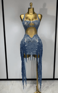 Shin Sparkly Sequin Rhinestone Tassel Sheer Mesh Sleeveless Dress