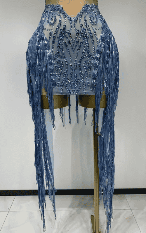 Shin Sparkly Sequin Rhinestone Tassel Sheer Mesh Sleeveless Dress