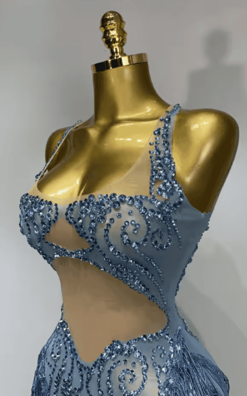 Shin Sparkly Sequin Rhinestone Tassel Sheer Mesh Sleeveless Dress