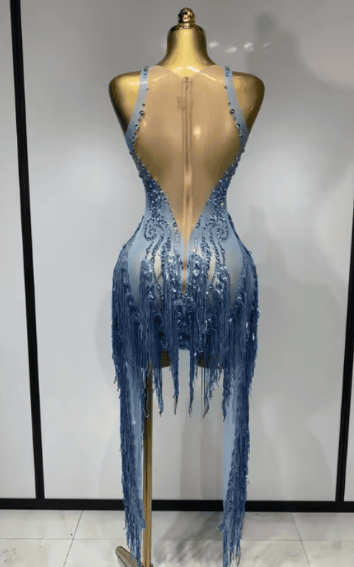 Shin Sparkly Sequin Rhinestone Tassel Sheer Mesh Sleeveless Dress