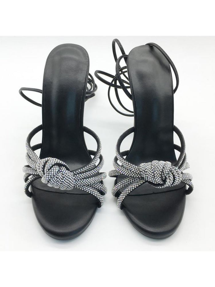 Shiny Rhinestones Tie-wrap Pointed High Heels