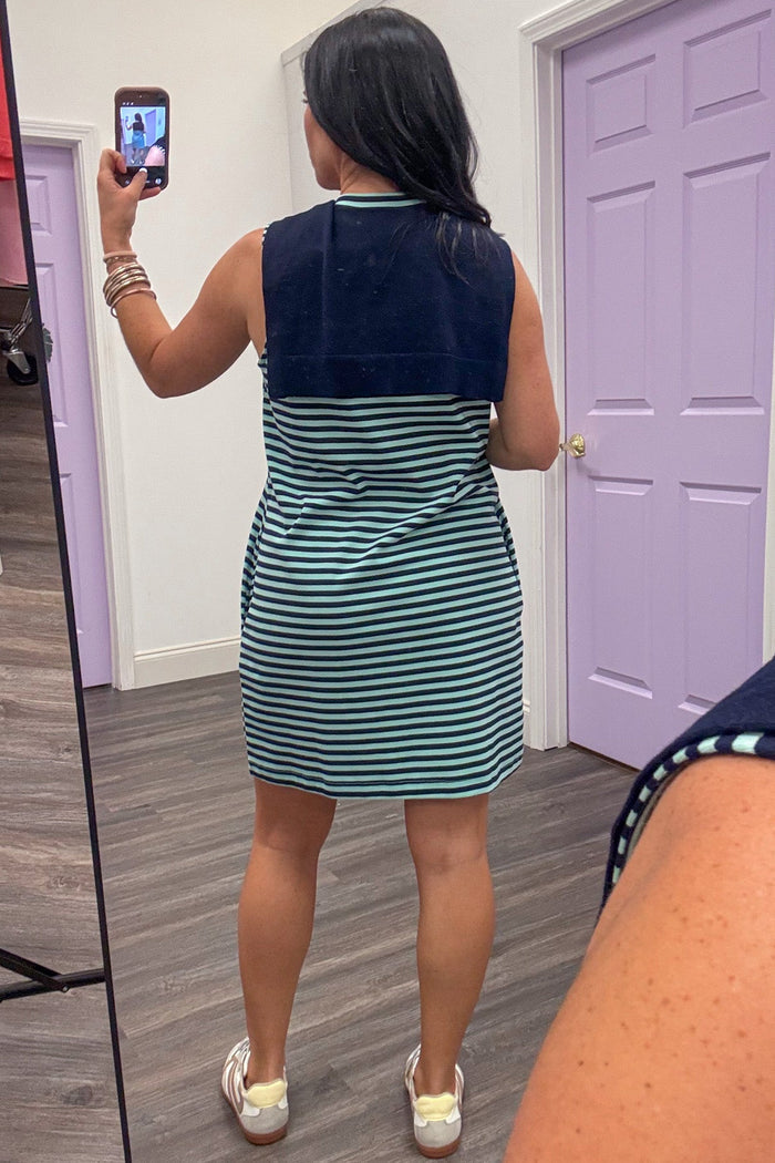 navy and mint striped short knit dress with sweater-style drape scarf