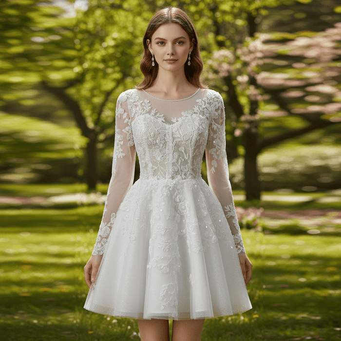 Short A-Line Bridal Wedding Dress with Illusion Sweetheart Bodice Long Lace Sleeves - Rosymae