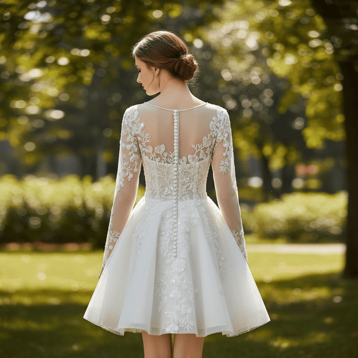 Short A-Line Bridal Wedding Dress with Illusion Sweetheart Bodice Long Lace Sleeves - Rosymae