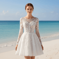 Short A-Line Bridal Wedding Dress with Illusion Sweetheart Bodice Long Lace Sleeves - Rosymae