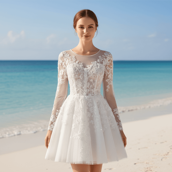 Short A-Line Bridal Wedding Dress with Illusion Sweetheart Bodice Long Lace Sleeves - Rosymae