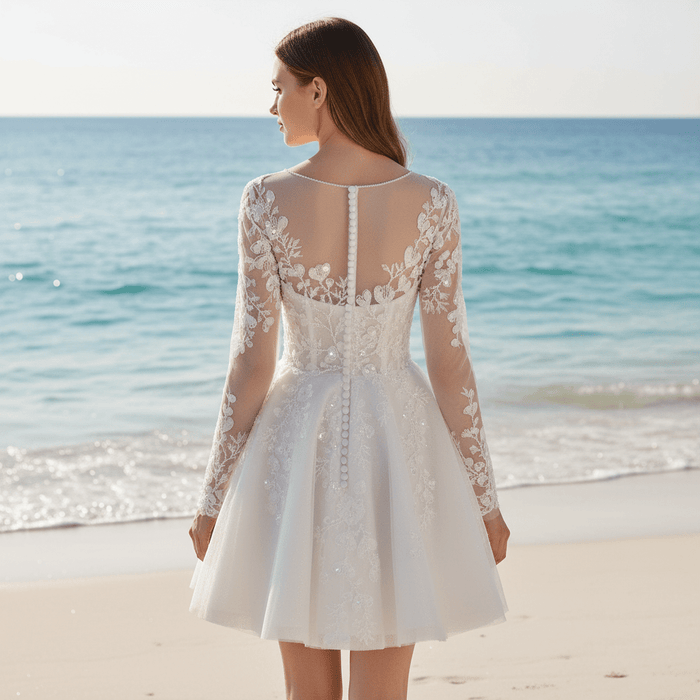 Short A-Line Bridal Wedding Dress with Illusion Sweetheart Bodice Long Lace Sleeves - Rosymae