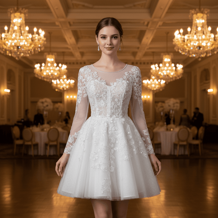 Short A-Line Bridal Wedding Dress with Illusion Sweetheart Bodice Long Lace Sleeves - Rosymae