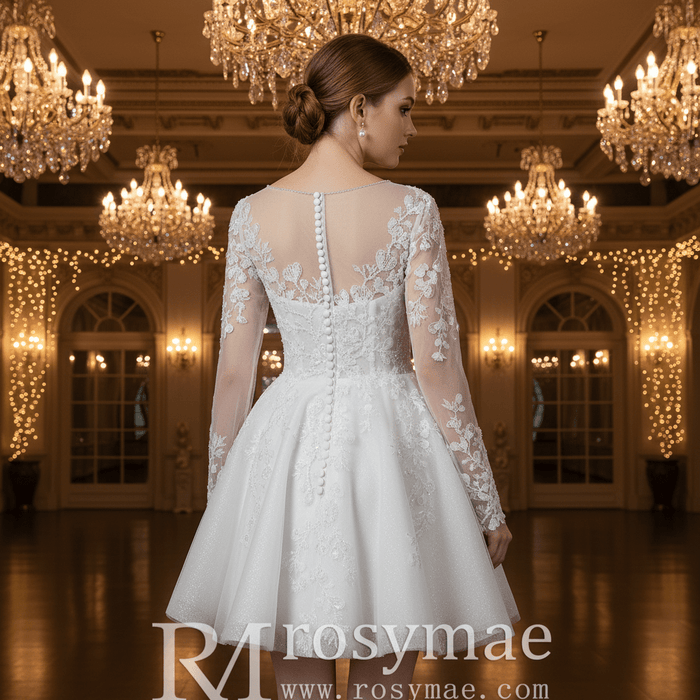 Short A-Line Bridal Wedding Dress with Illusion Sweetheart Bodice Long Lace Sleeves - Rosymae