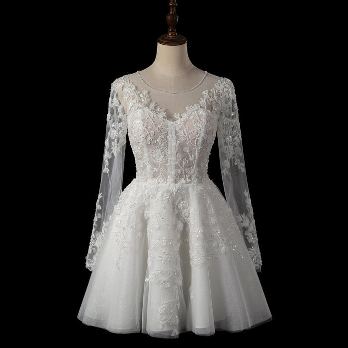 Short A-Line Bridal Wedding Dress with Illusion Sweetheart Bodice Long Lace Sleeves - Rosymae