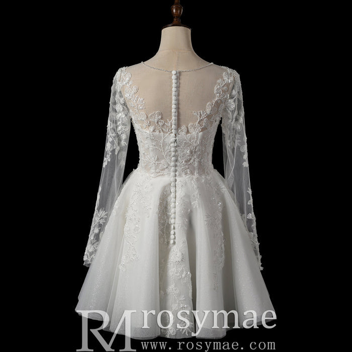 Short A-Line Bridal Wedding Dress with Illusion Sweetheart Bodice Long Lace Sleeves - Rosymae