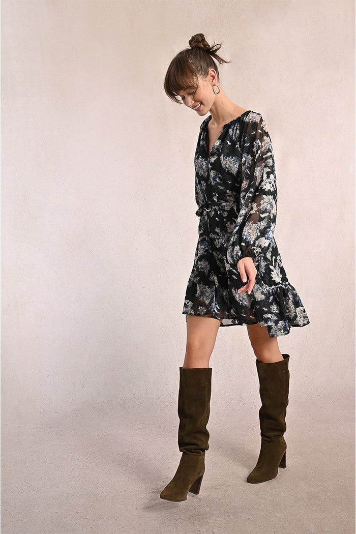 tie waist chiffon dress for women in black and blue