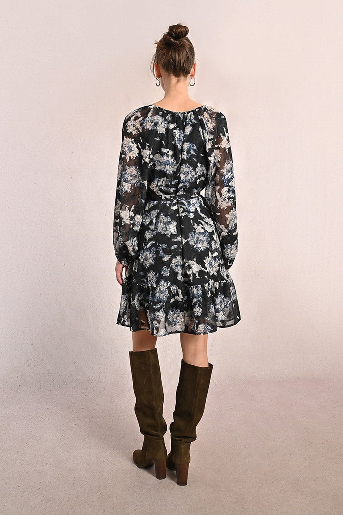 short blue floral tie waist dress