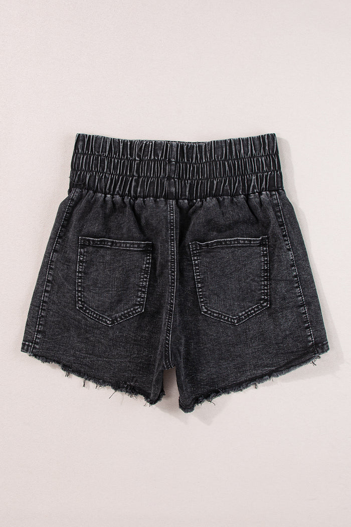 Short en jean noir smocké taille haute délavé minéral