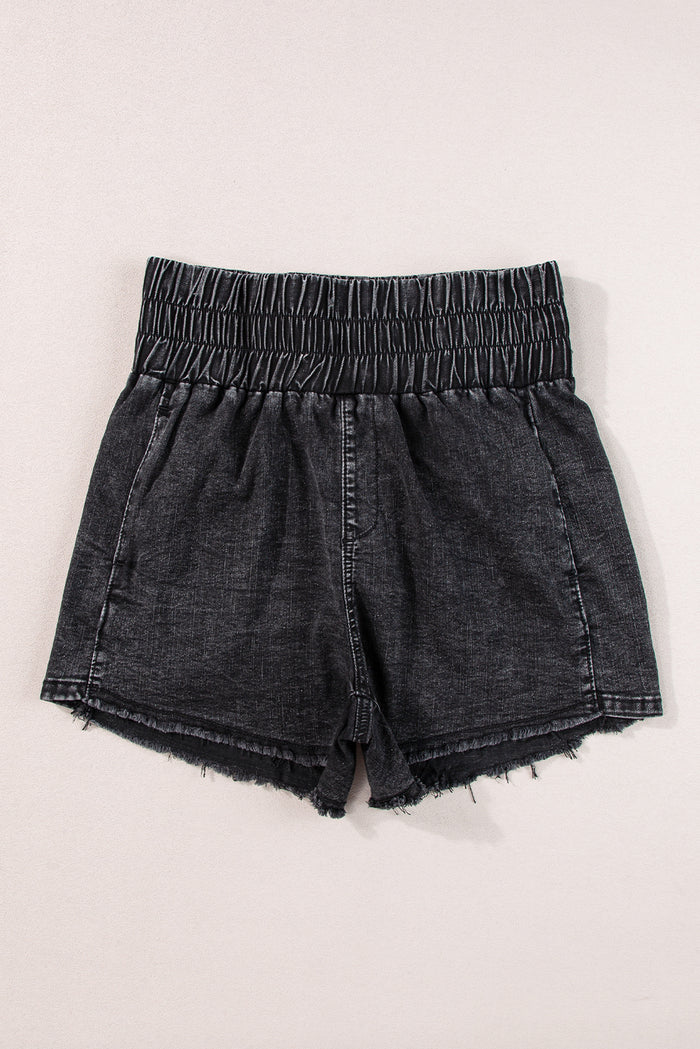 Short en jean noir smocké taille haute délavé minéral