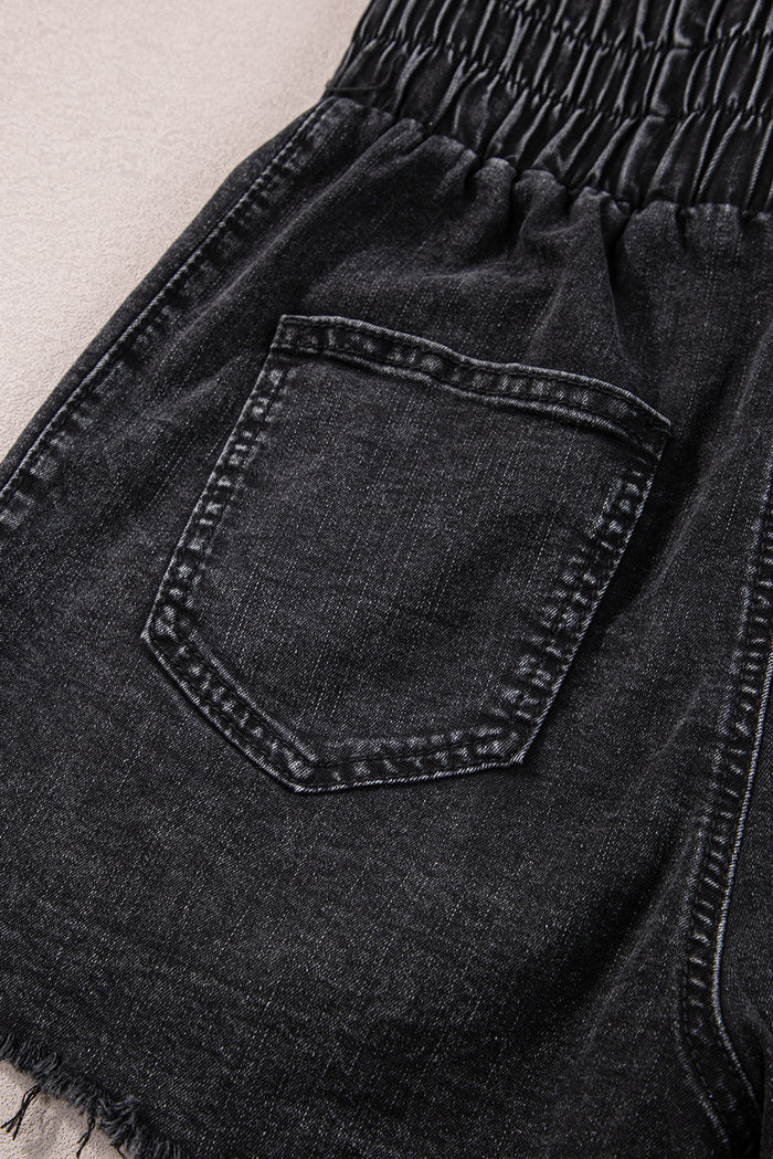 Short en jean noir smocké taille haute délavé minéral