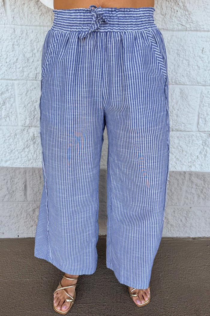 blue and cream striped wide leg frayed seam details drawstring linen pants
